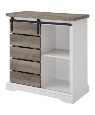 32" Sliding Slat Door Accent Console - Solid White / Grey Wash