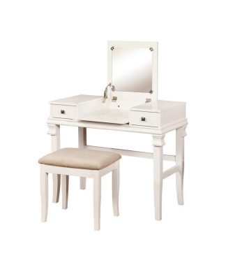 Wooden Vanity Set with Flip Top Mirror and 2 Drawers in White and Beige