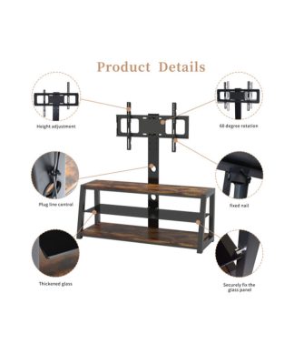 Wooden Tv Stand with Black Tempered Glass Adjustable Swivel Entertainment
