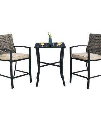 3PCS Patio Rattan Bar Furniture Set Slat Table 2 Cushioned Stools Poolside Gray