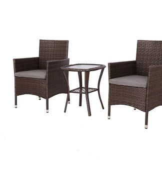 3 Pieces Patio Set, Curved Table With Glass Top, Cushioned Chairs, Dark Brown