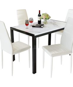 5 Pieces Dining Set, Elegant Faux Marble Table & Ribbed White PU Leather Chairs
