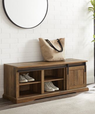 48" Sliding Grooved Door Entry Bench, Reclaimed Barnwood