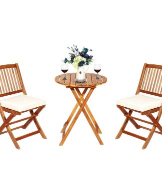 Wellfor 3 Pieces Patio Folding Wooden Bistro Set Cushioned Chair, White