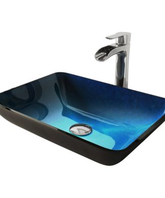 VIGO Rectangular Turquoise Water Glass Vessel Bathroom Sink and Niko Faucet Set