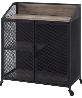 33" Urban Industrial Bar Cabinet Rolling Cart With Mesh Doors, Gray Wash