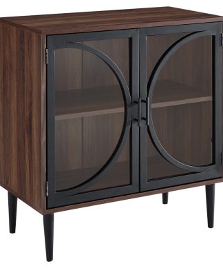 30" Metal Door Tempered Glass Accent Storage Cabinet, Dark Walnut