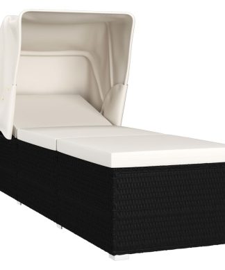 vidaXL Sun Lounger with Canopy and Cushion Poly Rattan Cream White Garden