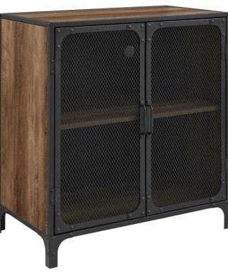 30" Urban Industrial Wood and Metal Storage Cabinet With Mesh Doors, Rustic Oak
