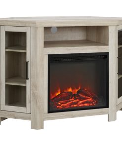 48" Wood Corner Fireplace Media TV Stand Console, White Oak