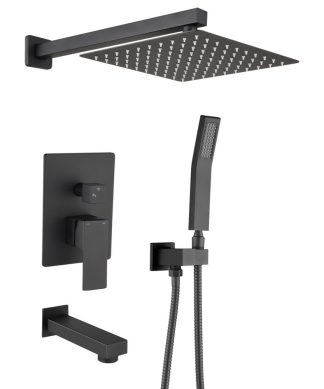 12" Wall Mounted Rainfall Shower System With Tub Spout, Matte Black
