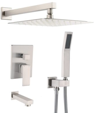 10" Wall Mounted Rainfall Shower System With Tub Spout, Brushed Nickel
