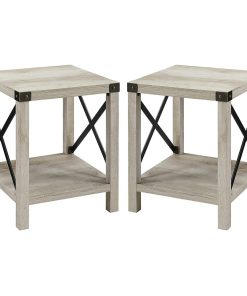 2 Pack Farmhouse Side Table, X-Shaped Metal Sides & Square MDF Top, White Oak