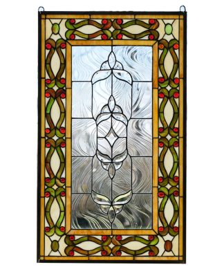 20.5"W x 34.5"H Handcrafted Jeweled stained glass window panel.