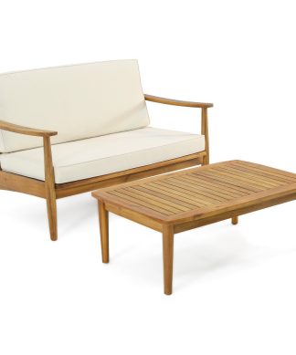 Wells Outdoor Acacia Wood Loveseat Set With Coffee Table, Teak Finish, Beige