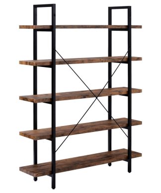 5-tier Industrial Bookcase with Rustic Wood and Metal Frame, Large Bookshelf