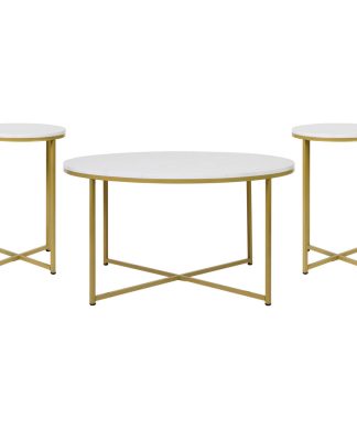White Marbled Laminate Top and Matte Gold Crisscross Frame, 3 Piece Table Set
