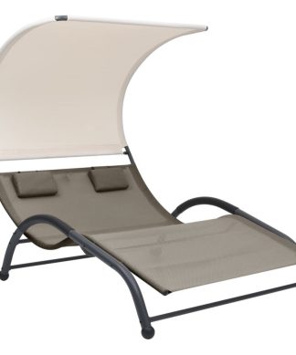 vidaXL Double Sun Lounger with Canopy Textilene Taupe Double Sunlounger Daybed
