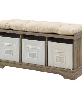 42" Farmhouse Wood Entryway Storage Bench With Cushion and Totes, Gray Wash