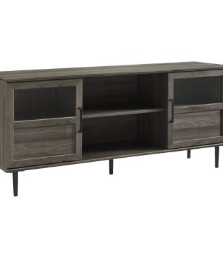 58" Glass & Wood Split Panel Door TV Console, Slate Gray