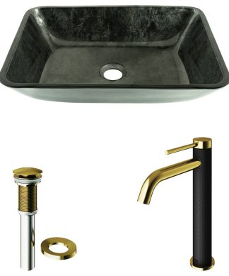 VIGO Rectangular Gray Onyx Glass Vessel Bathroom Sink and Lexington Faucet