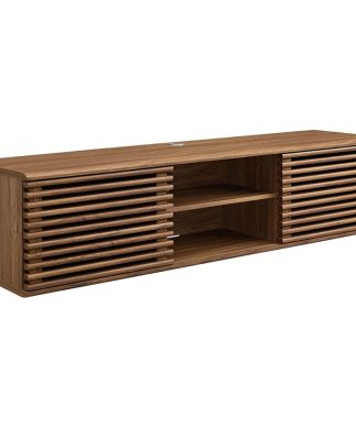 Wall Mounted TV Stand, 2 Sliding Slatted Doors & Adjustable Shelf, Walnut Finish
