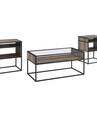 3-Piece Metal & Glass Accent Table Set, Gray Wash