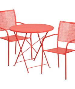 30'' Round Indoor-Outdoor Steel Patio Table and 2 Square Back Chairs, Coral