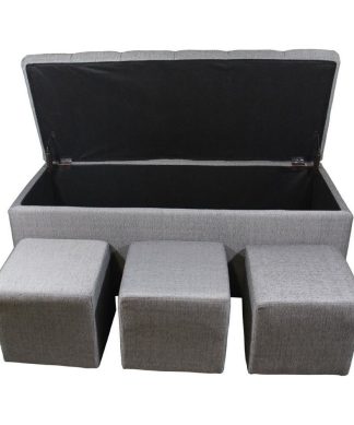 18" Tufted Gray Storage Bench+3Pcs Ottoman Seating