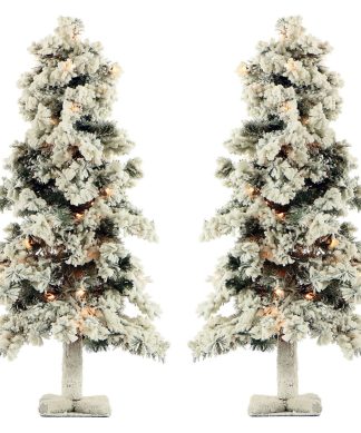 6' Snowy Alpine Snow Holiday Tree, Lifelike Trunk Base, Clear Lights, Set of 2