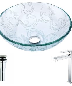 Vieno Deco-Glass Vessel Sink, Crystal Clear Floral, Enti Faucet, Chrome