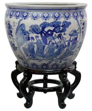 16" Ladies Blue and White Porcelain Fishbowl