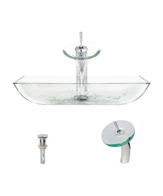 640 Colored Glass Vessel Sink, Crystal, Waterfall Faucet, Chrome