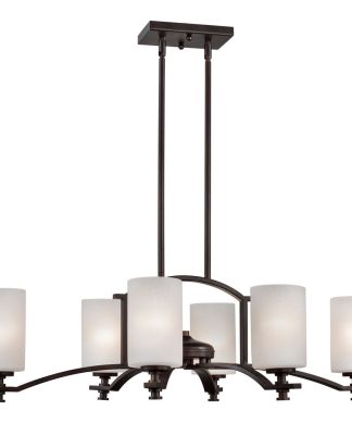6 Light Oval Chandelier, Antique Bronze, White Linen Glass