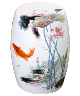 White Porcelain Koi Fish Lotus Pond Motif Asian Garden Stool