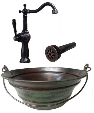 15" Round Copper Vessel Bucket Bath Sink Green Exterior, ORB Faucet & Drain