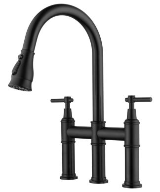 3-Function Pull Out/Down Bridge Kitchen Faucet With Dual Handle and Swivel Spout
