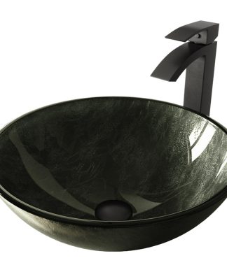VIGO Gray Onyx Glass Vessel Sink and Duris Faucet Set, Matte Black Finish