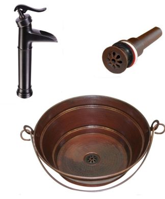 15" Round Copper Bucket Vessel Bath Sink With 13" Pump Faucet & Daisy Drain