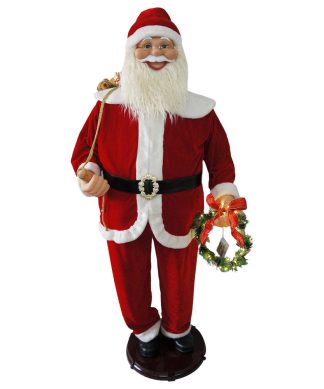 58" Traditional Dancing Santa With Wreath and Gift Sack, Life-Size Christmas