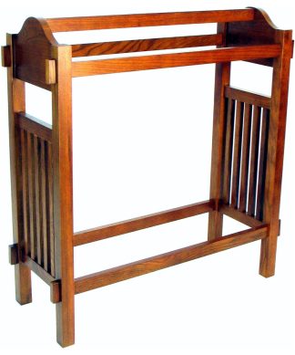 Wooden Mission Style Quilt Rack with 3 Hanging Bars on Scrolled Top, Brown