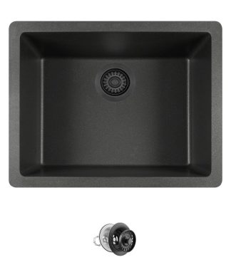 808 Dual-mount Single Bowl Quartz Kitchen Sink, Black, Colored Strainer