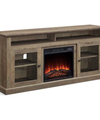 60" TV Stand Console With Shelves and Fireplace, Wood