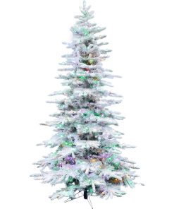 7.5' Slim Mountain Pine Flocked Christmas Tree With Multicolor LED Lights
