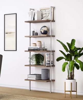 5-Shelf Wood, Modern Open Wall Mount Ladder Bookshelf