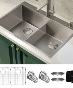 33" Drop-In Topmount Stainless Steel Kitchen Sink, Double 50/50 Bowl