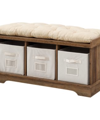 42" Wood Storage Bench With Totes and Cushion, Rustic Oak