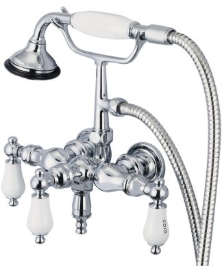 Vintage 3-3/8" Center Wall Mount Tub Faucet & Handshower, Labeled Lever handles