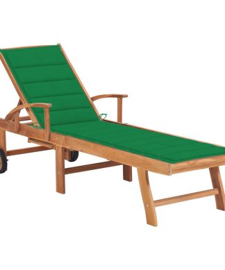 vidaXL Solid Acacia Wood Sun Lounger with Green Cushion Outdoor Chaise Lounge