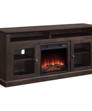 60" TV Stand Console With Shelves and Fireplace, Brown